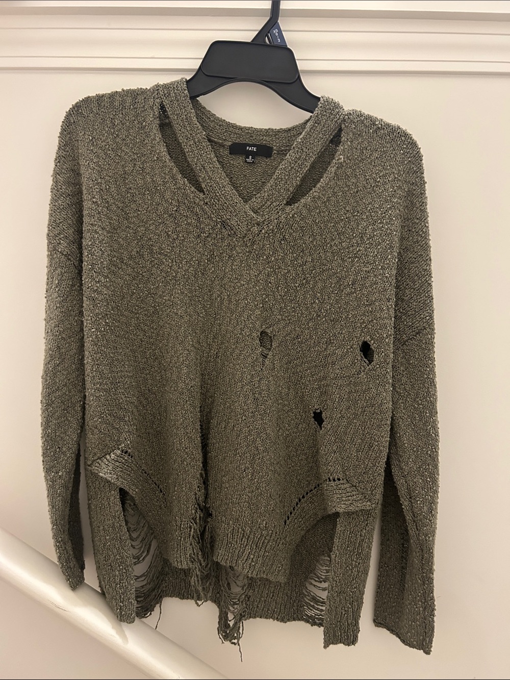 Fate distressed olive green V-neck sweater